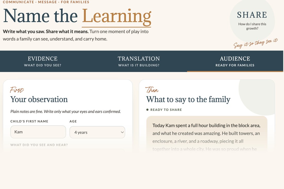 The Name the Learning Dashboard: write what you saw and get the words to share with families