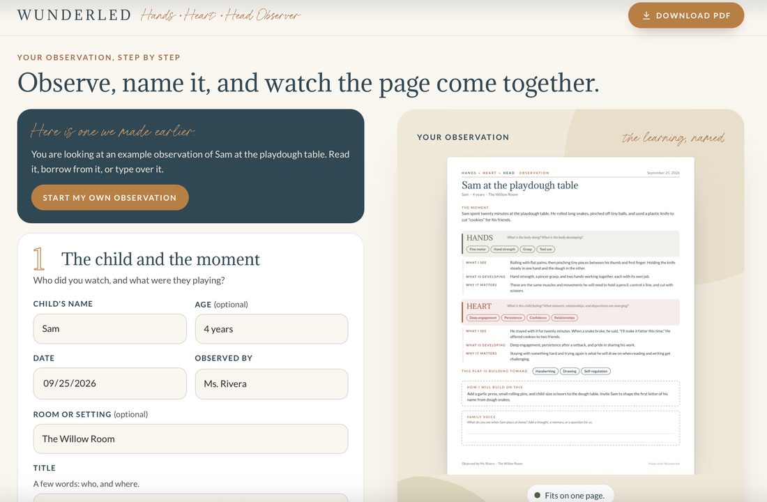 The Hands, Heart and Head Observer: observe, name it, and watch the page come together
